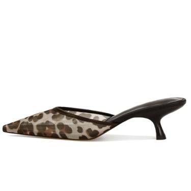 Imagem de ZJGZF Salto gatinho de malha feminino bico fino fechado sem costas stiletto slingback salto baixo sapatos confortáveis, Malha de leopardo, 36