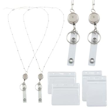 Imagem de Zorfeter Pacote com 2 cordões de crachá com porta-identidade, colar de aço inoxidável à prova d'água, corrente de clipe de carretel retrátil para escola/escritório (prata)