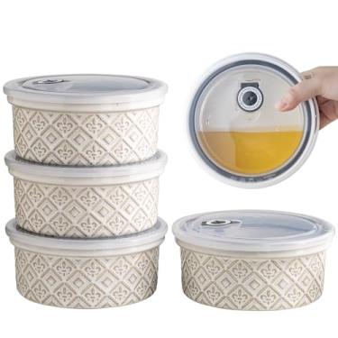 Imagem de MISSYSSIM Conjunto de 4 tigelas herméticas de cerâmica ramekins de 1,134 g - Tigelas grandes com tampas para salada, Pho, sopa, macarrão, sobremesa, servir, aveia, assadeiras, lava-louças e