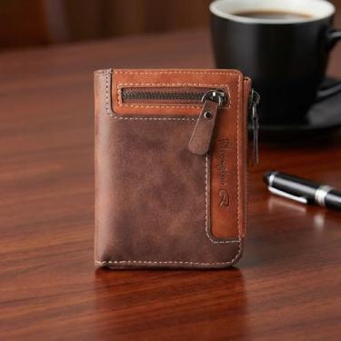 Imagem de Carteira masculina curta com zíper – porta-cartões de couro PU com bolso para dinheiro, carteira marrom compacta para itens essenciais diários