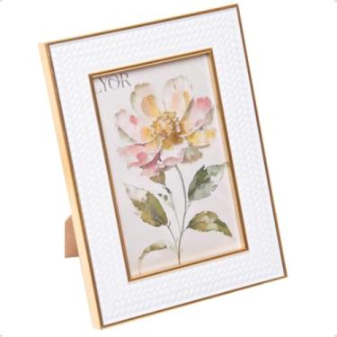 Imagem de Porta Retrato Decorativo de MDF Texturizado 10x15cm Moldura Metalizada Dourada com Vidro para Foto (Branco)