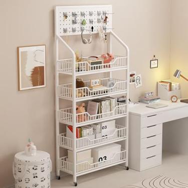 Imagem de Prateleira de supermercado de 5 níveis - Organizador comercial de lanches com rodas para lojas de cozinha e conveniência - Suporte para doces e batatas fritas, branco, 50 x 28 x 165 cm