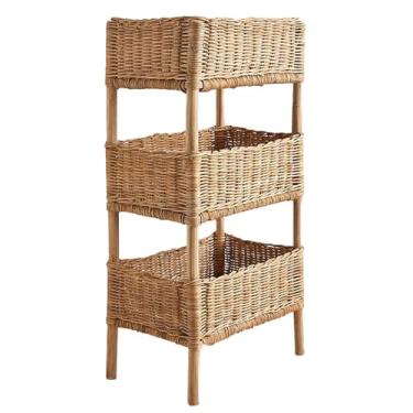 Imagem de Rack de armazenamento de vime de 3 camadas, moldura de madeira com cesta de vime feita à mão, design em camadas, forte capacidade de armazenamento, pode ser colocado de forma flexível em vários