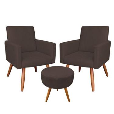 Imagem de Kit 02 Poltronas com 01 Puff Larissa Suede Pés Palito Castanho D'Rossi