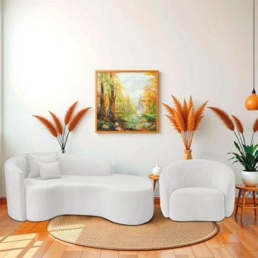 Imagem de Kit Recamier Curvo Sala De Estar Inglaterra 180cm Lado Direito E Poltrona Orgânica Luxo Amore Bouclé Branco