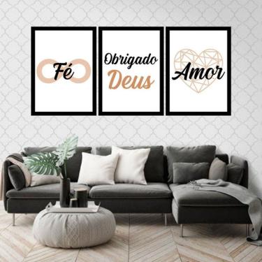 Imagem de Kit 3 Quadros Decorativos Fé, Obrigado Deus - Marrom