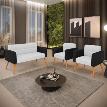 Imagem de Sofá Namoradeira E 2 Poltronas Pés Palito Castanho Elisa Preto-linho C