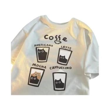 Imagem de Camiseta Unissex De Algodão Casual De Verão Com Estampa De Gato, Gola 