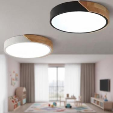 Imagem de Luminária Plafon LED Redondo 40cm Slim 36W Madeira Metal Luz 3 Tons de