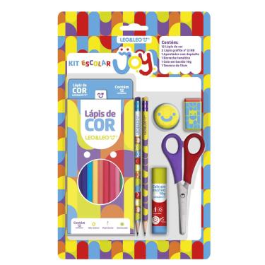 Imagem de Kit Escolar Leo&Leo Joy 12 Lápis de Cor + Borracha + Apontador + Cola + Régua + Tesoura