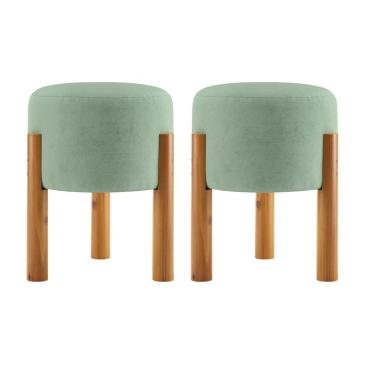 Imagem de Kit 2 Puff Estofado Redondo Elegante em Suede Verde Menta com Pés Palito Plástico OEM