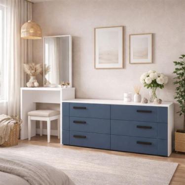 Imagem de Cômoda Lisboa 6 Gavetas com Espelho Azul/Branco - Politorno, Azul Clar