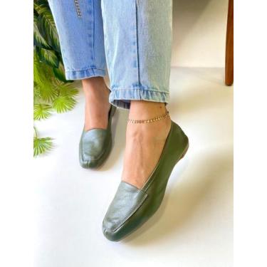Imagem de Mocassim Feminino Verde Militar Couro Legítimo Sapatilha Bico Quadrado