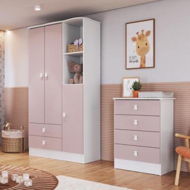 Imagem de Quarto de Bebê Completo com Guarda-Roupa e Cômoda Arco-Íris Rosa/Branc