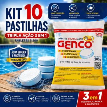 Imagem de Kit 10 Pastilhas Cloro Multiação Genco 3 em 1 Para Piscinas