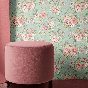 Imagem de Papel de Parede Adesivo Floral Fundo Verde com Rosas
