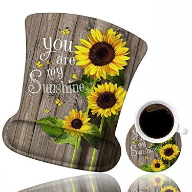 Imagem de ERWYTYIOI Mouse pad ergonômico suporte de pulso com porta-copos, mouse pads fofos com base de borracha antiderrapante para casa, escritório, estudar, digitação fácil e alívio da dor, You are My Sunshine, girassol