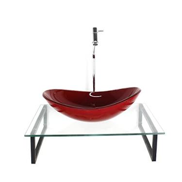 Imagem de KIT CUBA DE VIDRO OVAL 10MM VERMELHO FERRARI TAMPO 50CM INCOLOR COM SUPORTE TORNEIRA VALVULA