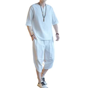 Imagem de Tampos de roupas em estilo chinês masculino, camisetas de mangas curtas, fundo, calças cortadas, algodão solto e respirável e roupas de linho,White,M