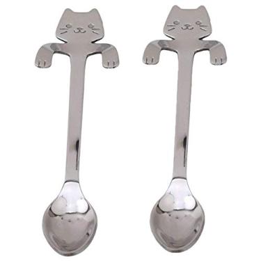 Imagem de Conjunto de colheres de gato adorável 2 peças, colheres de café de aço inoxidável penduradas em colheres de sobremesa de louça, design de prata