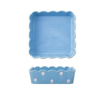 Imagem de Prato de cerâmica padrão de pontos tigela de salada forma quadrada louça de jantar panela de café da manhã doméstico pratos de sobremesa (cor: azul)