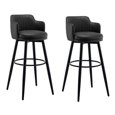 Imagem de Bancos De Barra De 2 Giratória Conjunto Com Cadeira De Barra De Ilha De Cozinha Lombar, Altura Do Balcão Com Braços, Assento Estofado De Cromo De Couro Nappa, Para Barras, Café, Lounge, Pubs