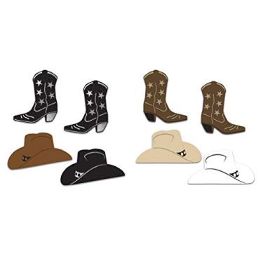 Imagem de Beistle 8 peças de chapéu de cowboy e silhueta de bota tema ocidental recortes decorações de festa de aniversário do oeste selvagem, 32,4 cm x 29,2 cm e 20,3 cm x 40,6 cm, marrom/marrom escuro/prata