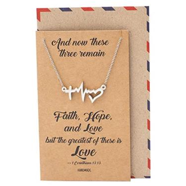 Imagem de Colar ECG EKG da Quan Jewelry, pingente de cruz, batimento cardíaco e coração inspirado no verso da Bíblia Faith Hope Love, presentes para mulheres com cartão comemorativo, corrente ajustável de 40,64 cm a 45,72 cm