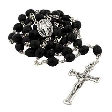 Imagem de Terço com contas de madeira pretas | Corrente clássica prateada | Centro de medalha milagrosa e crucifixo simples | Ótimo presente católico para primeira comunhão e confirmação, Metal, Sem pedra preciosa
