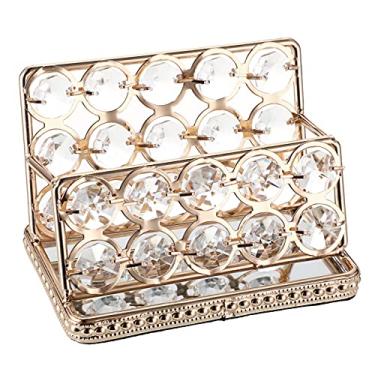 Imagem de Hipiwe Suporte de cristal para cartão de visita, dourado, espelhado, organizador de cartão de visita, suporte de armazenamento de cartão de visita para bancada de escritório (ouro, 1 compartimento)