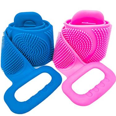 Imagem de QGZ 2 peças de esfregão longo de silicone para chuveiro, limpador de costas, esfregão de chuveiro de silicone, escova de banho para o corpo, escovas esfoliantes para homens e mulheres, esfregão de banho de silicone, dupla face