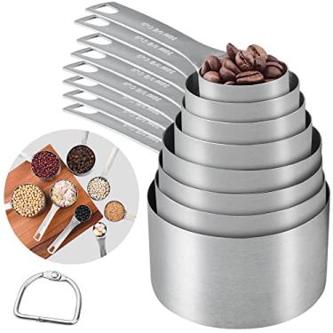 Imagem de IFFMYJB Conjunto de 9 copos medidores de aço inoxidável, 8 copos medidores e 1 anel, 18/8 (304) copos medidores de aço inoxidável para assar ou cozinhar, kit de cozinha durável para ingredientes líquidos ou secos