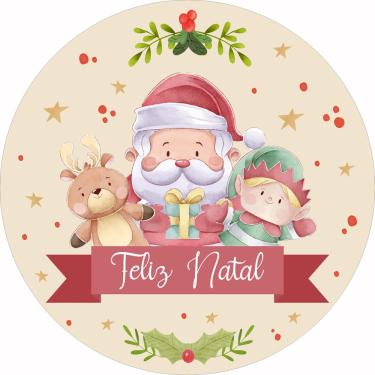 Imagem de Painel de Lona Redondo Feliz Natal Papai Noel Rena Duende Aquarela