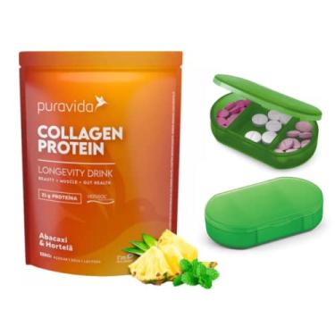 Imagem de Kit Puravida Collagen Protein 450g Pura Vida Colágeno Verisol De Abacaxi Com Hortelã + Porta Capsula