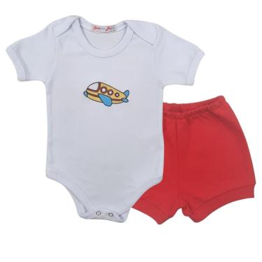Imagem de Conjunto Body Manga Curta Bordado Avião e Short Tapa Fralda - Roupa Bebê Menino-Masculino