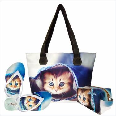 Imagem de Kit Pet Feminino Gatinho Azul Com Bolsa, Necessaire E Chinelo, Magicc