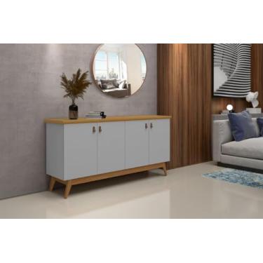 Imagem de Buffet/Aparador/Balcão/Balcão ABS 4 Portas Modelo Retrô Com Puxadores em Couro e Prateleiras Internas Cor Cinza/Nature