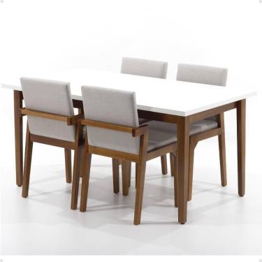 Imagem de Mesa de Jantar Retangular Luiza 160cm Branca com 4 Cadeiras Estofadas Isabela - Bege
