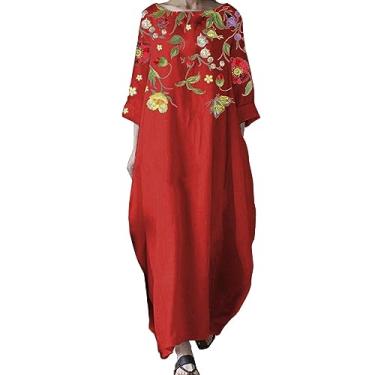 Imagem de UIFLQXX Vestido feminino plus size verão vintage estampa floral vestido longo gola redonda manga 3/4 casual vestido solto, Vermelho, P