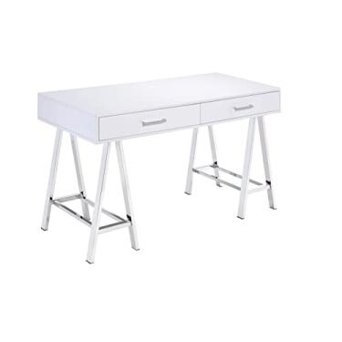 Imagem de Mesa de penteadeira com gavetas, mesa moderna de computador, laptop, escrivaninha, penteadeira, penteadeira com pernas cruzadas de metal para quarto de estudo (mesa lateral branca) (mesa branca)