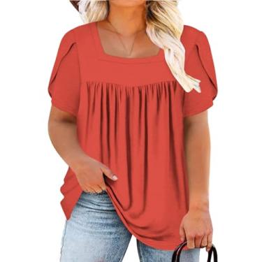 Imagem de VISLILY Camisetas femininas plus size verão pétala manga curta blusas gola quadrada túnica plissada rodada GG-5GG, 05 Laranja, 5G Plus Size