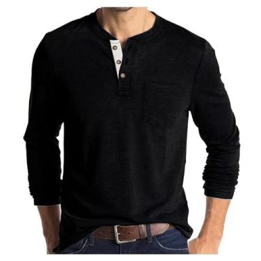 Imagem de Camisetas masculinas casuais com bolso de cor sólida manga comprida com botões atléticos para treino urbano, Preto, P