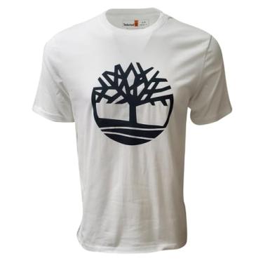 Imagem de Timberland Camiseta masculina de manga curta com logotipo de árvore, Logotipo branco/azul-marinho, GG
