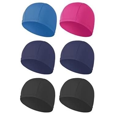 Imagem de 6 toucas de natação elásticas para mulheres, homens e crianças, tecido durável, não impermeável, touca de banho elástica (2 pretos, 2 pretos e 2 azuis escuros $1 azul e 1 rosa vermelha)