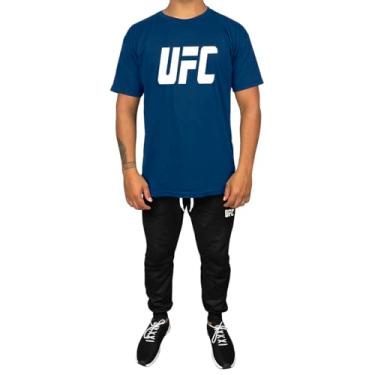 Imagem de Kit Conjunto Masculino Camiseta Algodão e Calça Moletom Casual Estampado UFC (Azul, G)