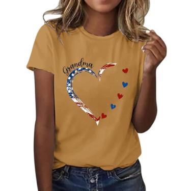 Imagem de Camiseta feminina com bandeira americana do Dia Memorial 4 de julho, roupas de família com bandeira dos EUA, camiseta de verão, Amarelo, 3G