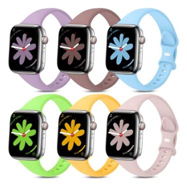 Imagem de AIRPROCE Pacote com 6 pulseiras compatíveis com Apple Watch Slim Skinny Thin Band 38 mm 40 mm 41 mm 42 mm 44 mm 45 mm, pulseira de substituição de pulseiras esportivas de silicone macio para iWatch Series SE 7 6 5 4 3 2 1 edição esportiva para mulheres homens (38/40/41 mm, F-Lavender/Smokey Mauve/Tu