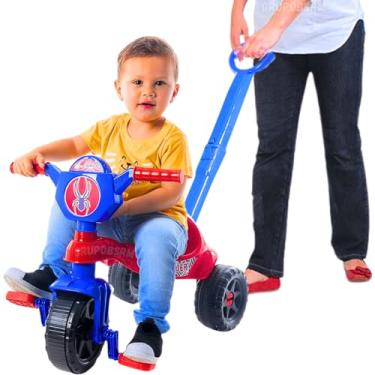 Imagem de Carrinho de passeio infantil andador bebê didatico triciclo de empurrar + pedal haste chave crec crec totoka spider super heroi aranha motoca menino criança 12 meses brinquedo de atividades