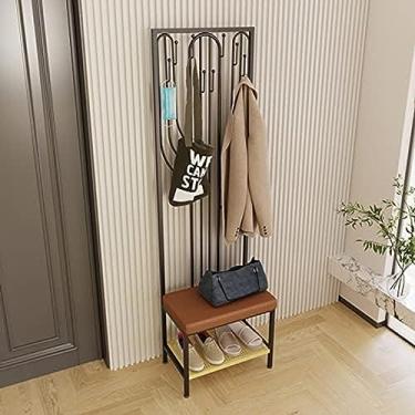 Imagem de Cabideiro independente Banco de sapatos com ganchos, hall de entrada com prateleiras de armazenamento, sapateira de design 3 em 1 com assento estofado acolchoado com esponja, preto