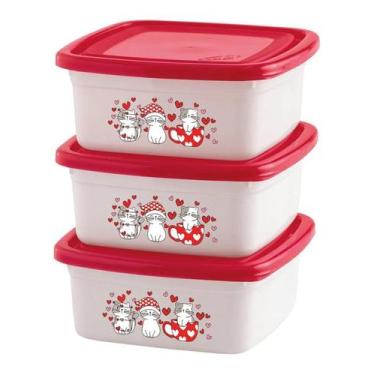 Imagem de Kit 3 Potes Quadrados Gatinhos Com Tampa Vermelha 400ml - Giplás